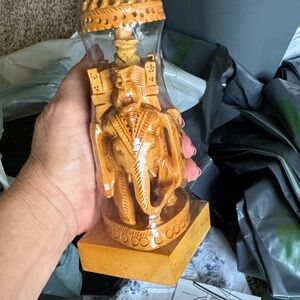 Intricate Hand-Carved Wooden Elephant Statue - Honey Brown with people riding